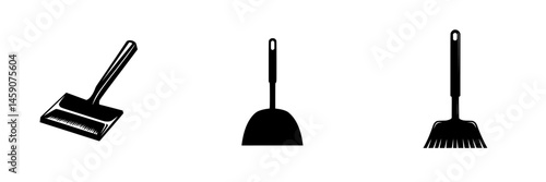 Cleaning tools for home maintenance with a flat black icon design showcasing a scraper, dustpan, and broom