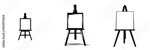 Flat black icon of easels displayed in three different positions highlighting artistry and creativity tools