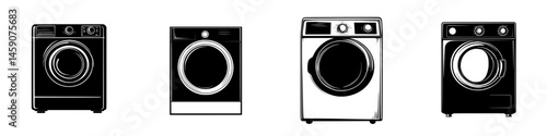 Collection of flat black washing machine icons showcasing various designs and styles for modern laundry solutions