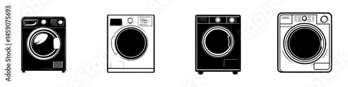 Flat black icons of washing machines showcasing different designs and features for home laundry needs and appliance selection
