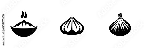 Black icons representing various dumpling types with simplified, flat designs suitable for culinary applications