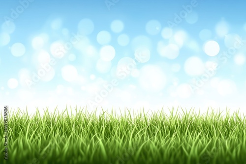 Lush green grass against a bright, light blue sky with bokeh