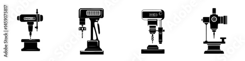 Flat black icons of various power tools representing drilling and cutting equipment for construction or woodworking tasks