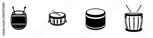 Collection of flat black drum icons representing various types and styles of percussion instruments created in a minimalistic design