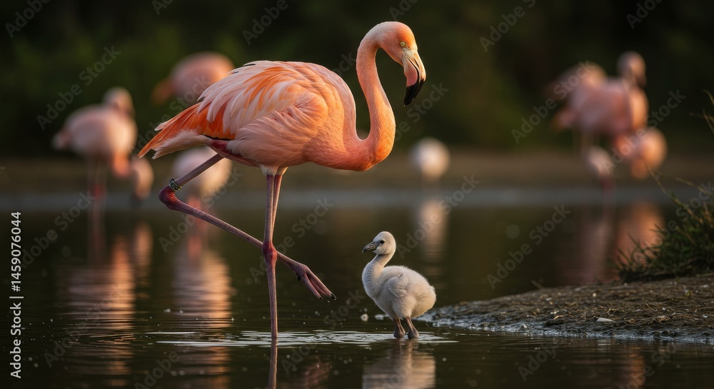 Fototapeta premium Flamingos in water with a chick.