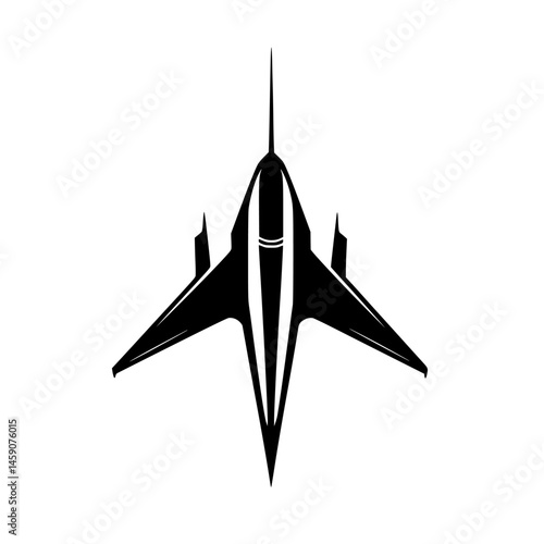 Stylized flat black icon of a jet aircraft viewed from above, showcasing sleek design and aerodynamic features