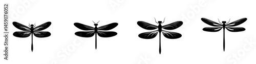 Four flat black dragonfly icons showcasing intricate details and elegant designs, perfect for digital applications or artistic projects