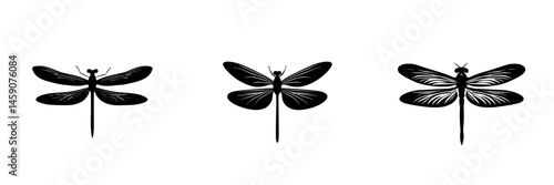 Unique flat black icons of dragonflies in various designs showcasing elegance and simplicity in graphic representation