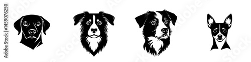 Black icon featuring four distinct dog head silhouettes showcasing various breeds and expressions in flat design