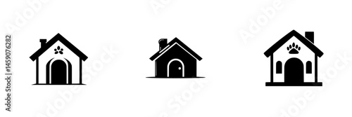 Black icons of various house designs representing homes for pets or small animals in a simplified, flat aesthetic