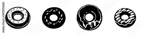 Flat black donut icons depicting various styles and designs for culinary illustrations and graphic uses