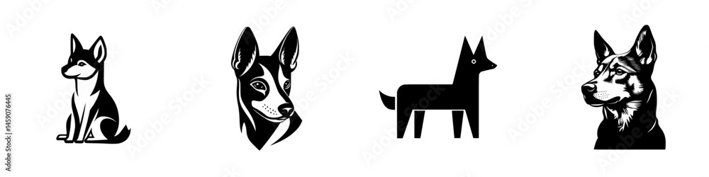 Collection of flat black dog icons showcasing various breeds in simplified style Collection of flat black dog icons showcasing various breeds in simplified style