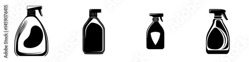 Black icons of various spray bottles suitable for cleaning and household use in a minimalistic design