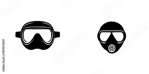 Black icons representing a diving mask and a gas mask for various safety applications in outdoor activities and emergency situations