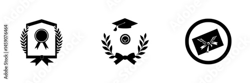 Various flat black icons representing achievements, education, and awards in a professional context