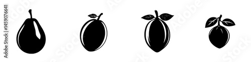 Collection of flat black fruit icons representing various varieties and styles suitable for design and illustration use in digital projects