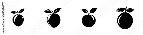 Flat black fruit icons arranged in a row with varying shapes, representing different types of fruit without color or detail