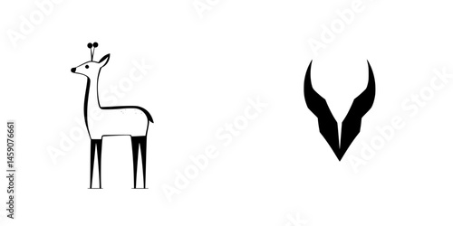 Flat black icons depicting a stylized deer and a horned creature on a minimalistic background
