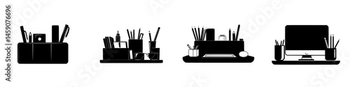 Various black icons of desk organizers showcasing stationary items and a computer setup for an efficient workspace environment