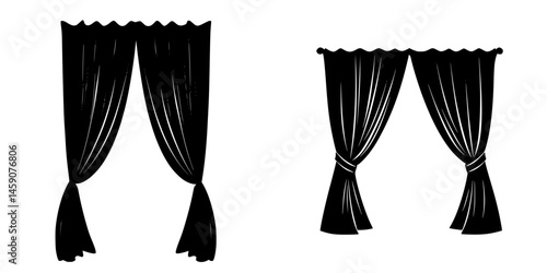 Flat black curtain icons suitable for various decorative applications and design elements in interior spaces