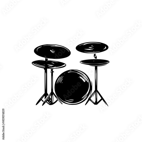 Flat black drum set icon featuring snare and cymbals representing music and rhythm