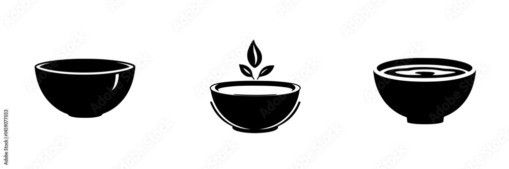 Black icon set depicting bowls in various styles emphasizing simplicity and elegance for culinary design Black icon set depicting bowls in various styles emphasizing simplicity and elegance for culinary design
