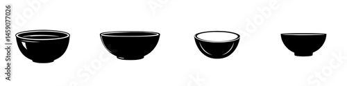 Flat black icons of bowls in various sizes displaying simple and modern design elements for graphic use