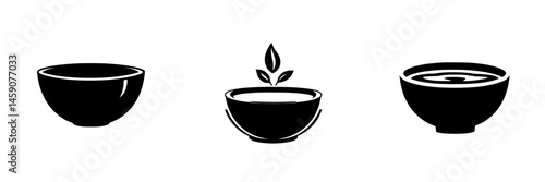 Black icon set depicting bowls in various styles emphasizing simplicity and elegance for culinary design