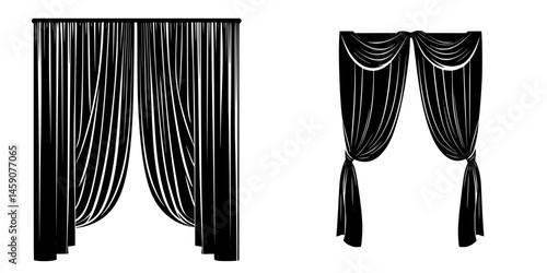 Flat black icon of decorative curtains for interior design in home decor