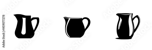 Collection of three flat black pitcher icons with varying shapes and designs suitable for modern graphics and web applications