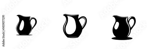 Flat black icon representing three different views of a pitcher in simple design format