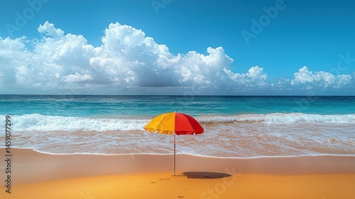 Colorful beach umbrella on sandy shore (1)