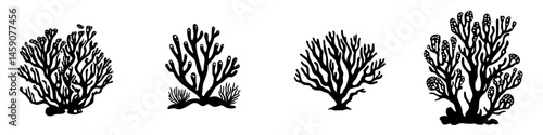 Flat black coral icons depicting various types of coral structures with diverse shapes and forms for marine design purposes