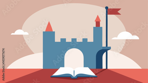 Serene Reading Space An open book displayed on a sunlit table casts a gentle shadow of a quaint castle with whimsical architecture against the wall. The background is minimalistic