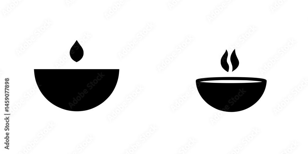Flat black icons of simple bowl designs with a drop and flame elements representing warmth and comfort in a minimalist style Flat black icons of simple bowl designs with a drop and flame elements representing warmth and comfort in a minimalist style