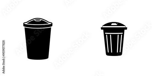 Two flat black icons representing different types of trash bins set against a white background