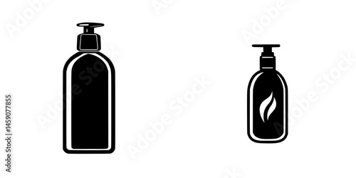 Black flat icons of lotion and shampoo bottles representing personal care products and hygiene essentials for everyday use