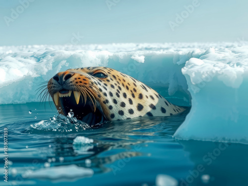 A leopard is swimming in the ocean with its mouth open. The water is cold and the ice is visible