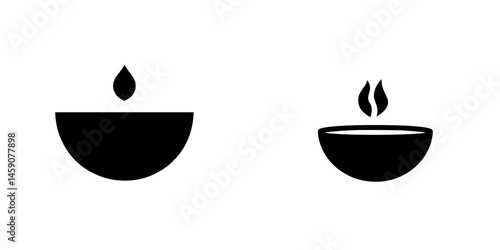 Flat black icons of simple bowl designs with a drop and flame elements representing warmth and comfort in a minimalist style
