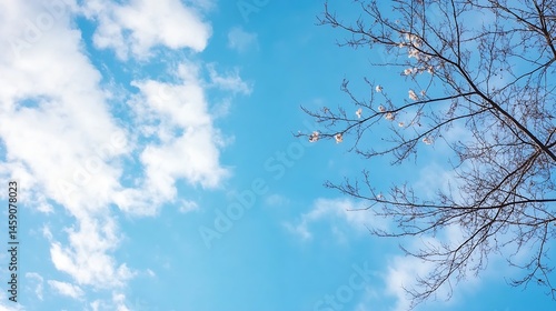 Bare tree branches with a few white flowers against a vibrant blue sky dotted with fluffy white clouds, creating a serene and peaceful natural scene. : Generative AI