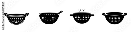 Set of flat black kitchen colander icons representing various styles for food preparation and straining