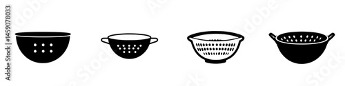 Diverse collection of flat black kitchen colander icons showcasing various designs and styles for kitchenware enthusiasts