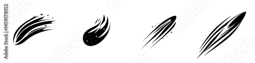 Dynamic flat black icons representing comets and shooting stars with varying styles and designs for graphic use