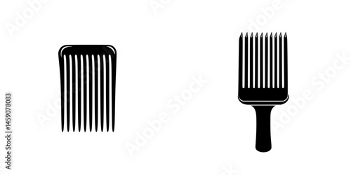 Flat black icon design of two different styles of hair combs for various grooming and styling needs