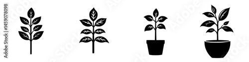 Various flat black icons of different plant species representing growth stages and pot styles displayed in a simplistic design