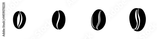 Various flat black coffee bean icons showcasing different orientations and styles in a minimalist design