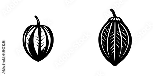 Flat black cocoa pod icons representing cacao fruit used in chocolate production and illustrating the agricultural product design