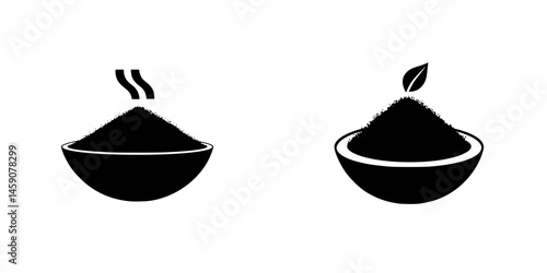 Depiction of two flat black icons representing food items with steam and a leaf element indicating warmth and freshness