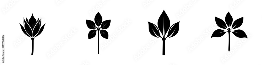 Fototapeta premium Collection of flat black plant icons representing various leaf designs suitable for digital and print projects
