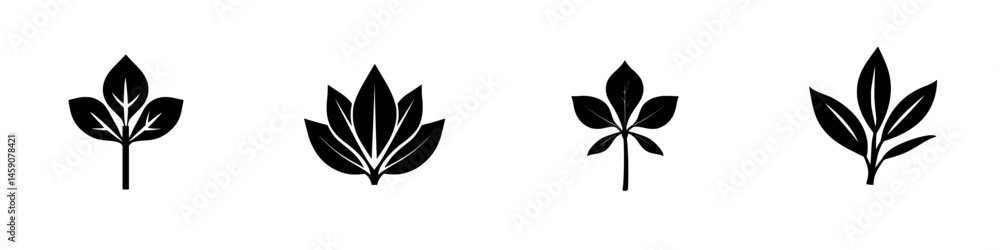 Stylized flat black icons of various leaf designs representing nature and botanical themes Stylized flat black icons of various leaf designs representing nature and botanical themes